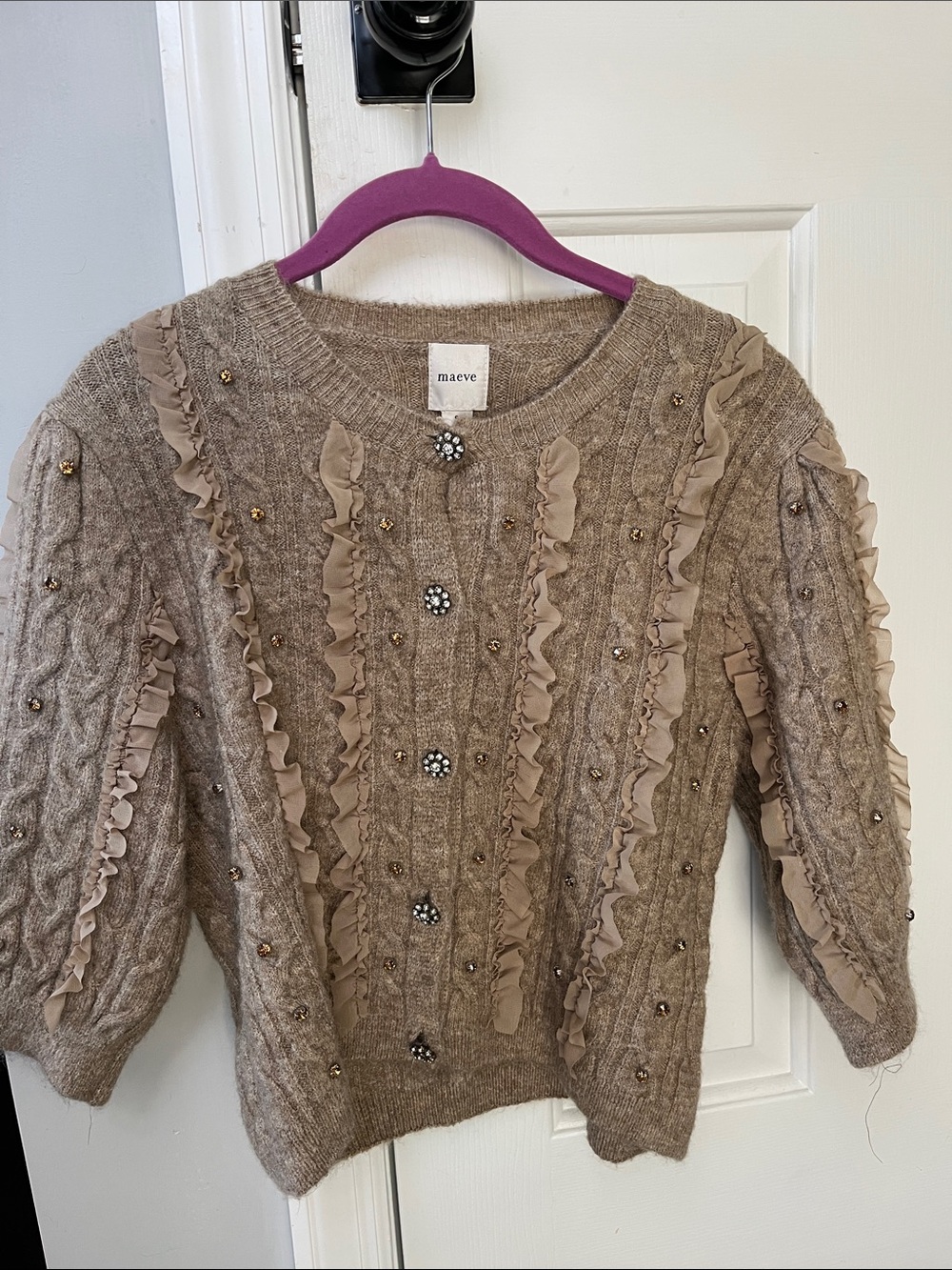 Maeve Taupe Ruffle Cable-Knit Sweater with Beaded Buttons